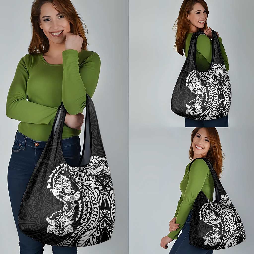 Hawaiian Manta Ray and Hammerhead Shark Tribal Tattoo Grocery Bag with Polynesian Tribal Pattern Black-White Color LT03 - Polynesian Pride