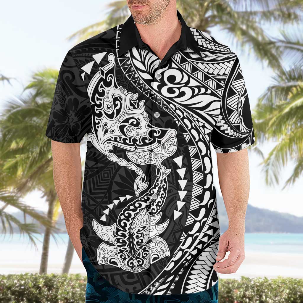 Hawaiian Manta Ray and Hammerhead Shark Tribal Tattoo Hawaiian Shirt with Polynesian Tribal Pattern Black-White Color