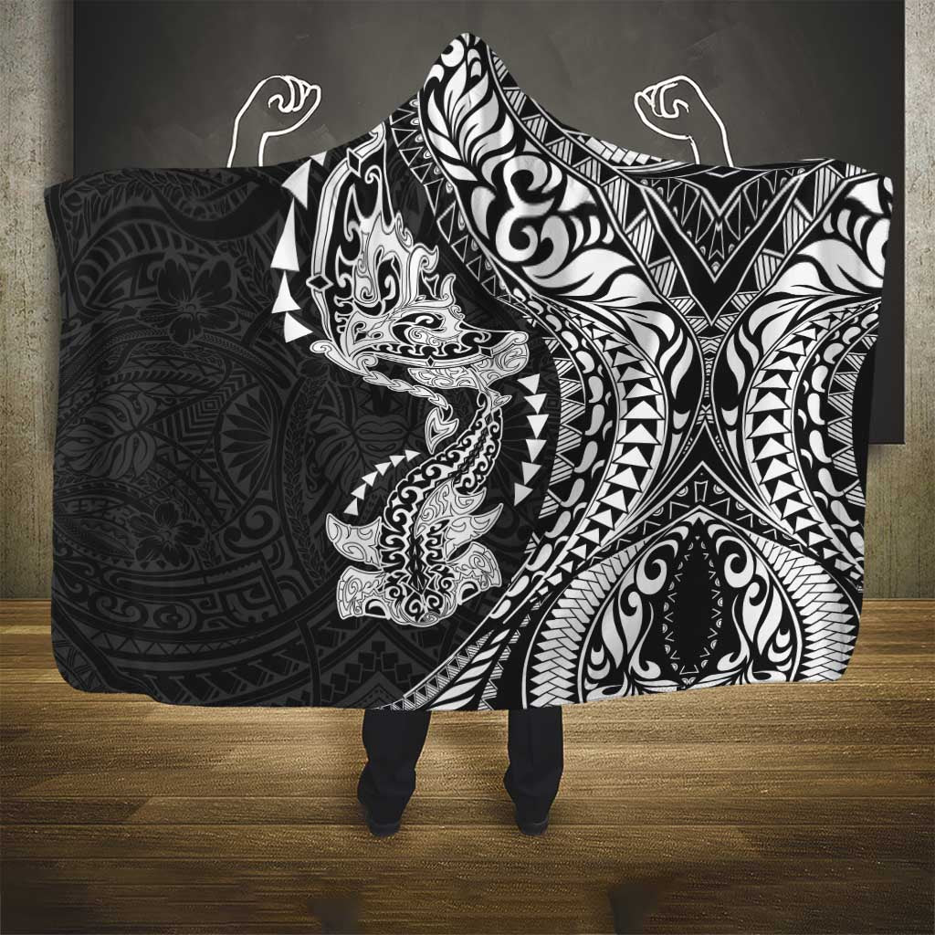 Hawaiian Manta Ray and Hammerhead Shark Tribal Tattoo Hooded Blanket with Polynesian Tribal Pattern Black-White Color