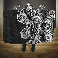 Hawaiian Manta Ray and Hammerhead Shark Tribal Tattoo Hooded Blanket with Polynesian Tribal Pattern Black-White Color