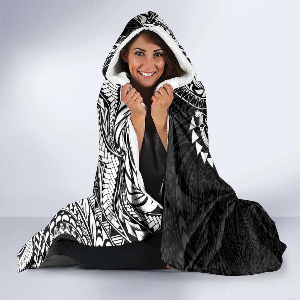 Hawaiian Manta Ray and Hammerhead Shark Tribal Tattoo Hooded Blanket with Polynesian Tribal Pattern Black-White Color