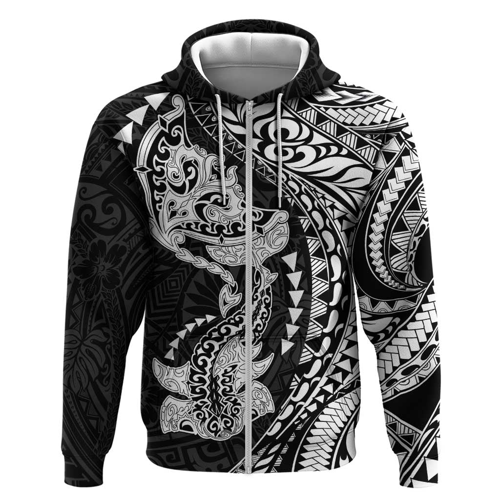 Hawaiian Manta Ray and Hammerhead Shark Tribal Tattoo Hoodie with Polynesian Tribal Pattern Black-White Color