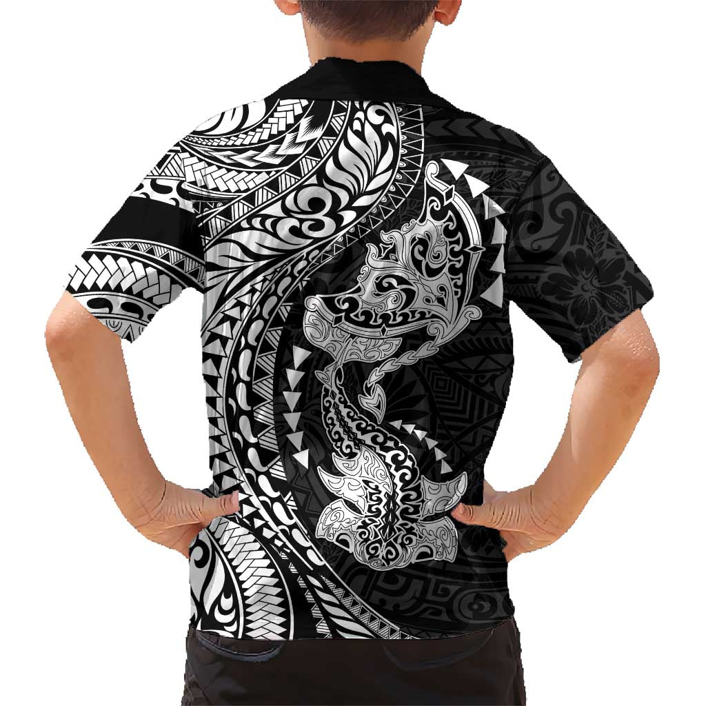 Hawaiian Manta Ray and Hammerhead Shark Tribal Tattoo Kid Hawaiian Shirt with Polynesian Tribal Pattern Black-White Color