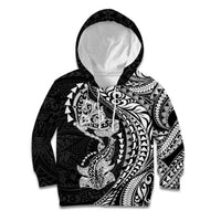 Hawaiian Manta Ray and Hammerhead Shark Tribal Tattoo Kid Hoodie with Polynesian Tribal Pattern Black-White Color