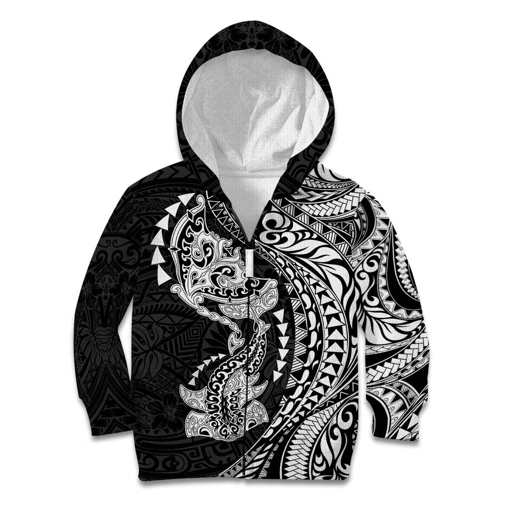 Hawaiian Manta Ray and Hammerhead Shark Tribal Tattoo Kid Hoodie with Polynesian Tribal Pattern Black-White Color
