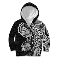 Hawaiian Manta Ray and Hammerhead Shark Tribal Tattoo Kid Hoodie with Polynesian Tribal Pattern Black-White Color