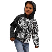 Hawaiian Manta Ray and Hammerhead Shark Tribal Tattoo Kid Hoodie with Polynesian Tribal Pattern Black-White Color