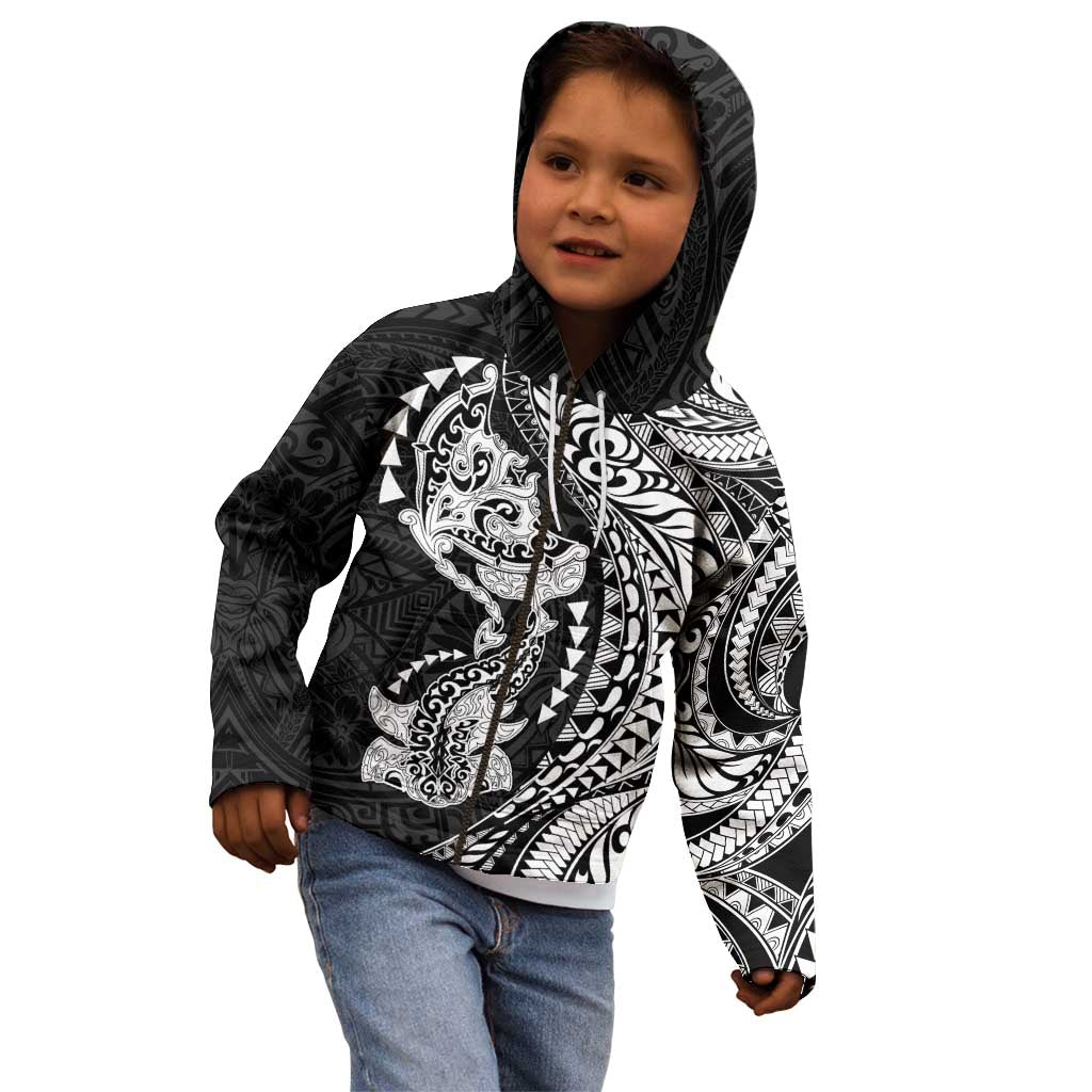 Hawaiian Manta Ray and Hammerhead Shark Tribal Tattoo Kid Hoodie with Polynesian Tribal Pattern Black-White Color