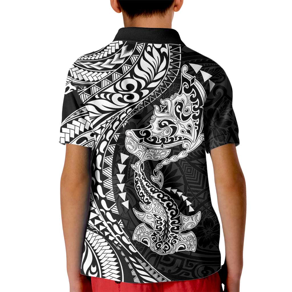 Hawaiian Manta Ray and Hammerhead Shark Tribal Tattoo Kid Polo Shirt with Polynesian Tribal Pattern Black-White Color