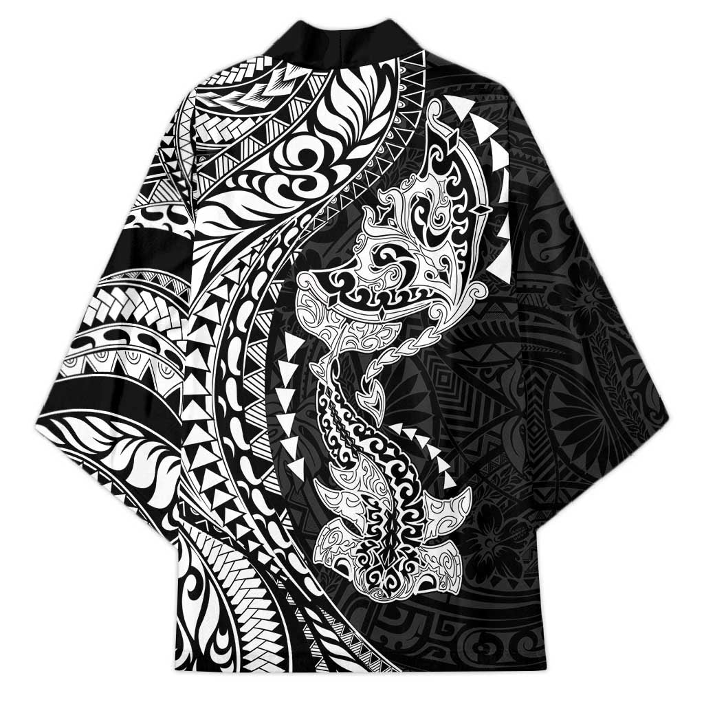 Hawaiian Manta Ray and Hammerhead Shark Tribal Tattoo Kimono with Polynesian Tribal Pattern Black-White Color LT03 - Polynesian Pride
