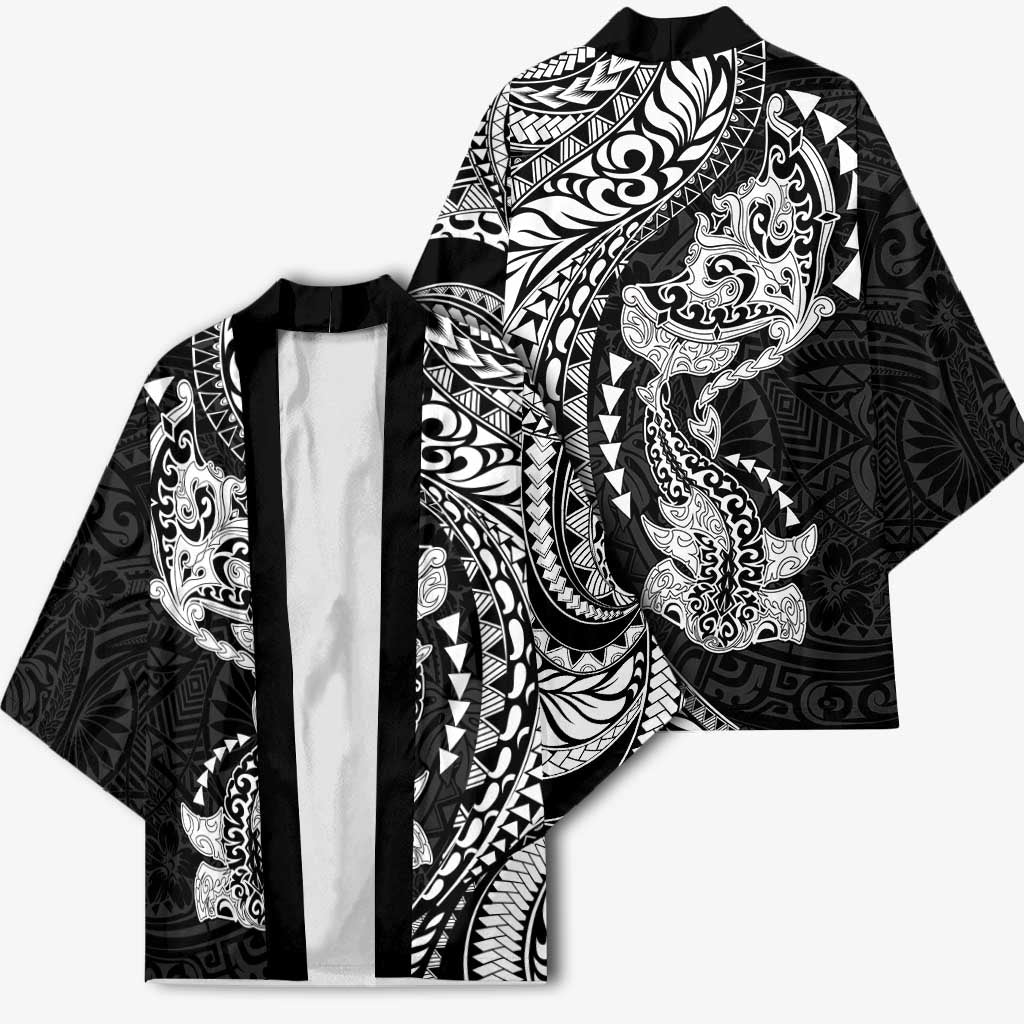 Hawaiian Manta Ray and Hammerhead Shark Tribal Tattoo Kimono with Polynesian Tribal Pattern Black-White Color LT03 - Polynesian Pride