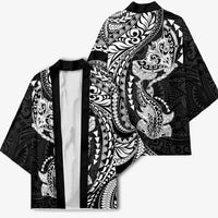 Hawaiian Manta Ray and Hammerhead Shark Tribal Tattoo Kimono with Polynesian Tribal Pattern Black-White Color LT03 - Polynesian Pride