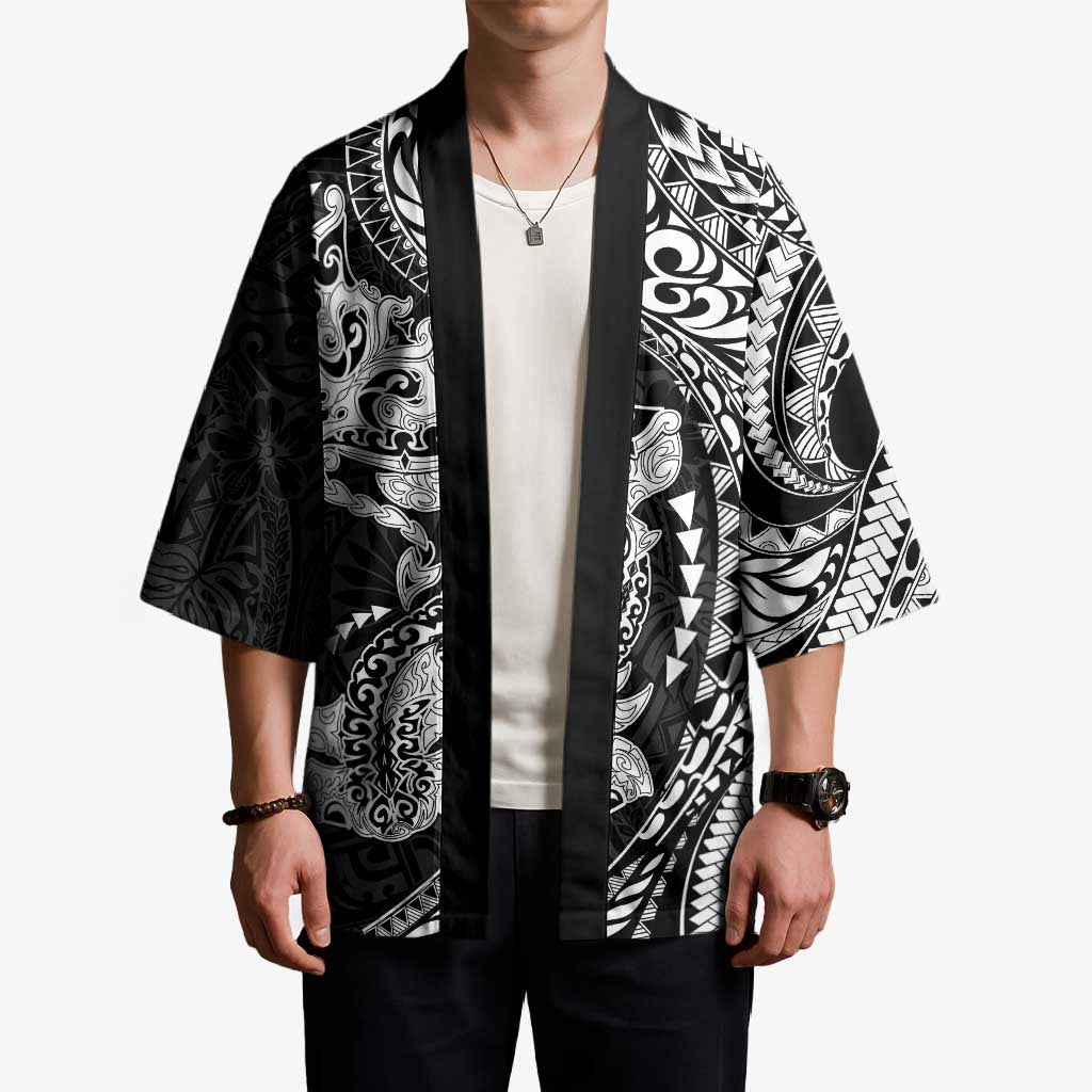 Hawaiian Manta Ray and Hammerhead Shark Tribal Tattoo Kimono with Polynesian Tribal Pattern Black-White Color LT03 - Polynesian Pride