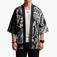 Hawaiian Manta Ray and Hammerhead Shark Tribal Tattoo Kimono with Polynesian Tribal Pattern Black-White Color LT03 - Polynesian Pride