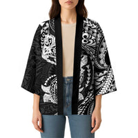 Hawaiian Manta Ray and Hammerhead Shark Tribal Tattoo Kimono with Polynesian Tribal Pattern Black-White Color LT03 - Polynesian Pride