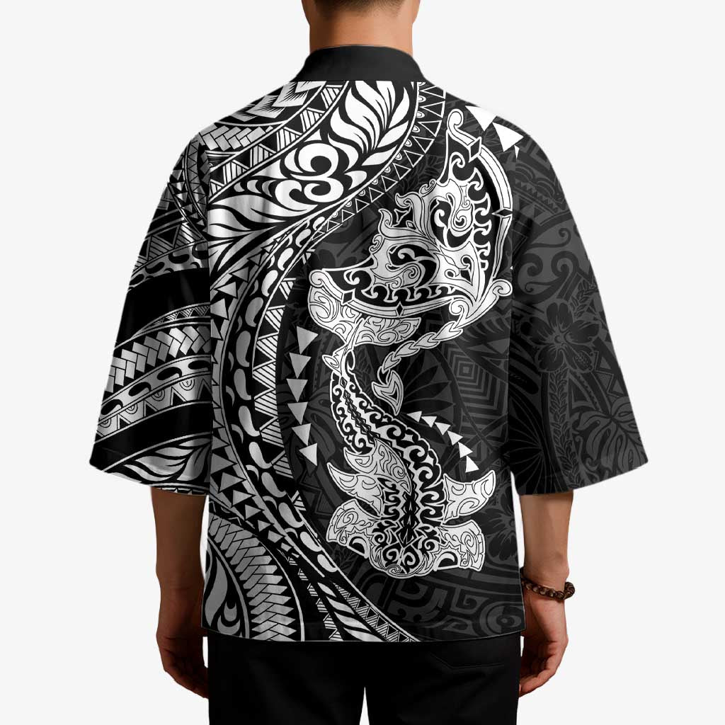 Hawaiian Manta Ray and Hammerhead Shark Tribal Tattoo Kimono with Polynesian Tribal Pattern Black-White Color LT03 - Polynesian Pride