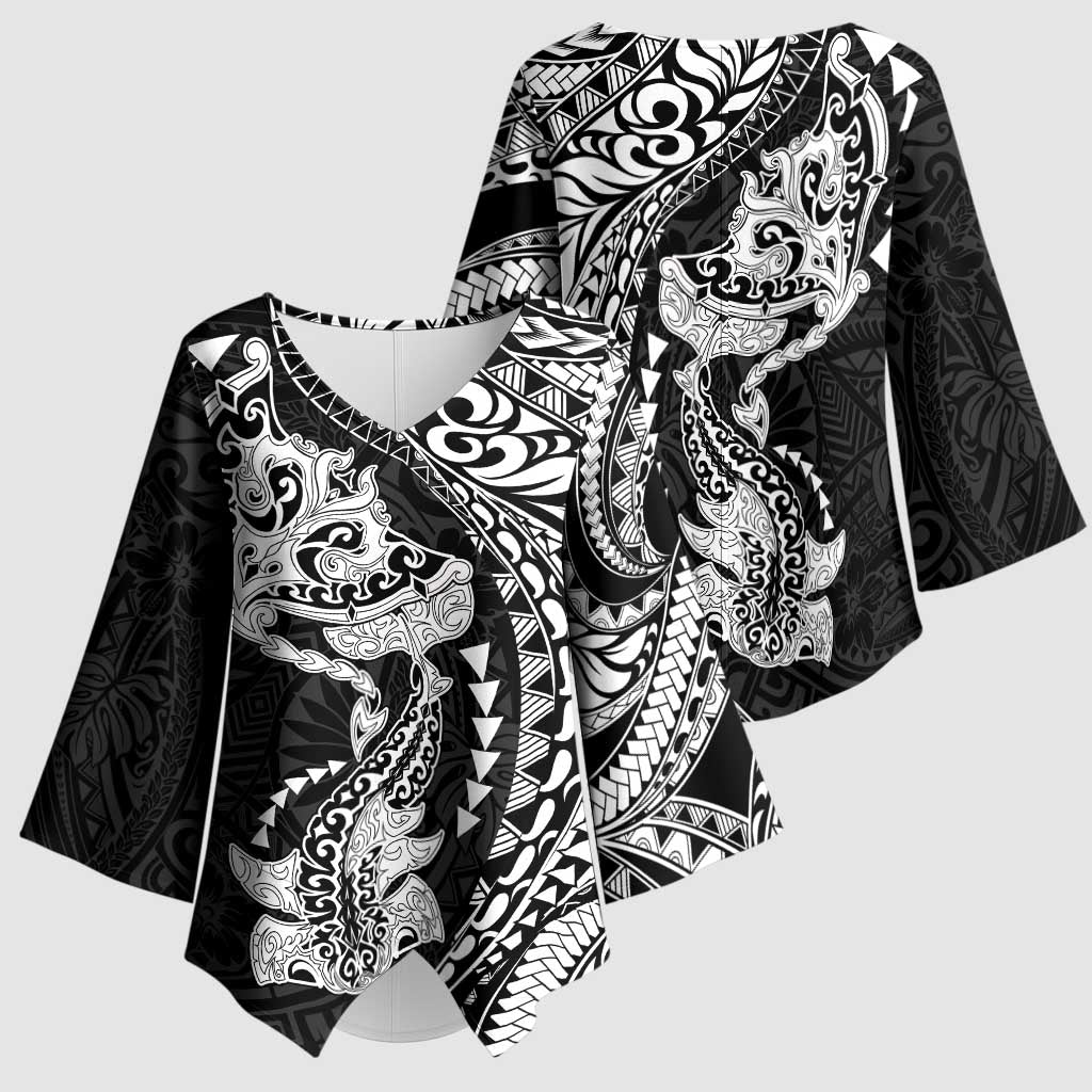 Hawaiian Manta Ray and Hammerhead Shark Tribal Tattoo Kimono Sleeve Blouse with Polynesian Tribal Pattern Black-White Color
