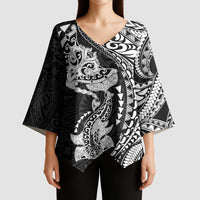 Hawaiian Manta Ray and Hammerhead Shark Tribal Tattoo Kimono Sleeve Blouse with Polynesian Tribal Pattern Black-White Color