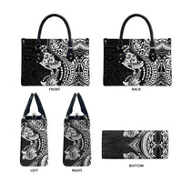 Hawaiian Manta Ray and Hammerhead Shark Tribal Tattoo Leather Bag with Polynesian Tribal Pattern Black-White Color