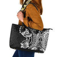 Hawaiian Manta Ray and Hammerhead Shark Tribal Tattoo Leather Tote Bag with Polynesian Tribal Pattern Black-White Color
