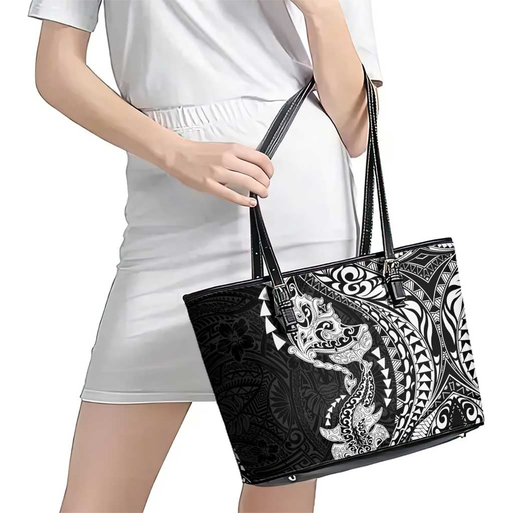 Hawaiian Manta Ray and Hammerhead Shark Tribal Tattoo Leather Tote Bag with Polynesian Tribal Pattern Black-White Color