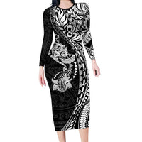 Hawaiian Manta Ray and Hammerhead Shark Tribal Tattoo Long Sleeve Bodycon Dress with Polynesian Tribal Pattern Black-White Color