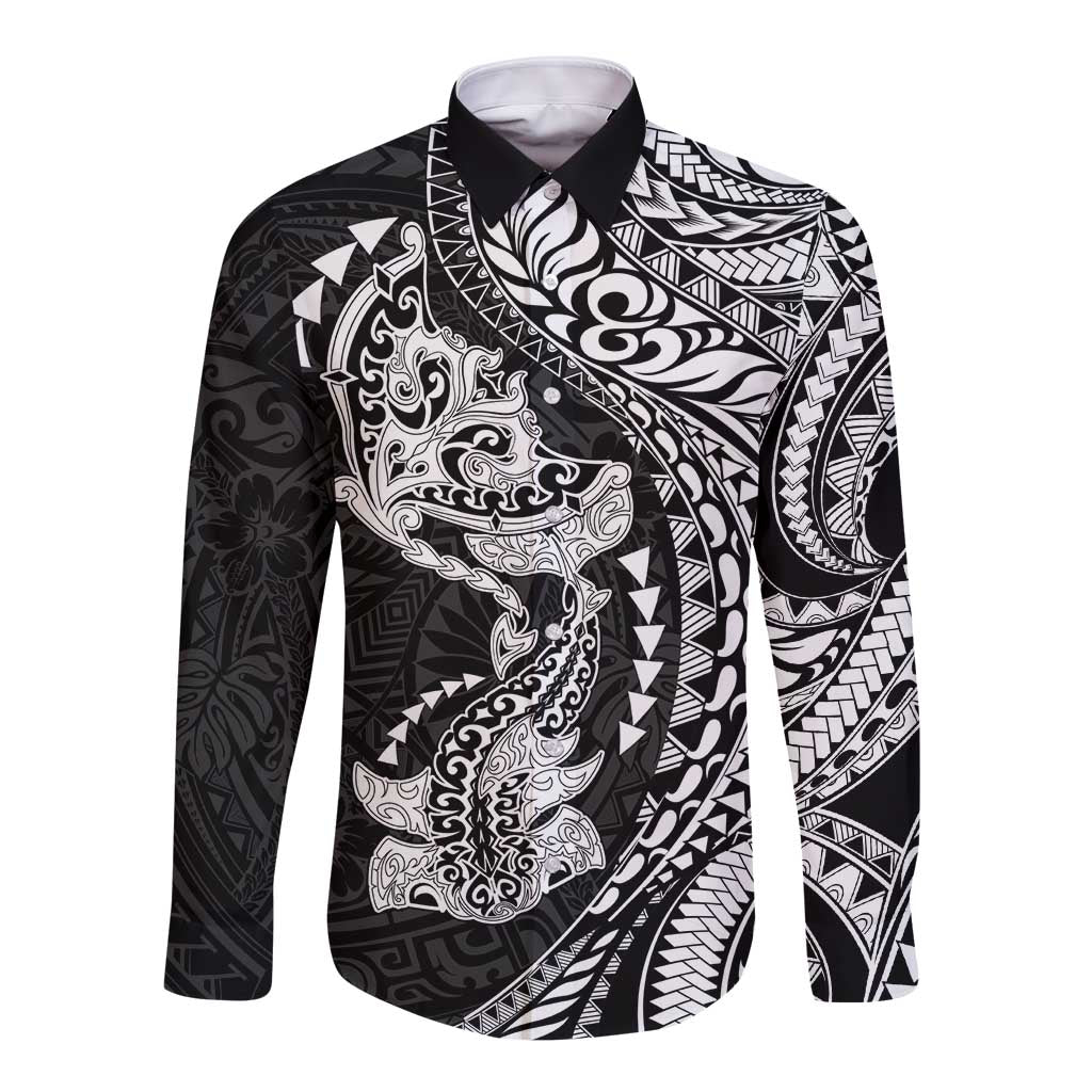 Hawaiian Manta Ray and Hammerhead Shark Tribal Tattoo Long Sleeve Button Shirt with Polynesian Tribal Pattern Black-White Color