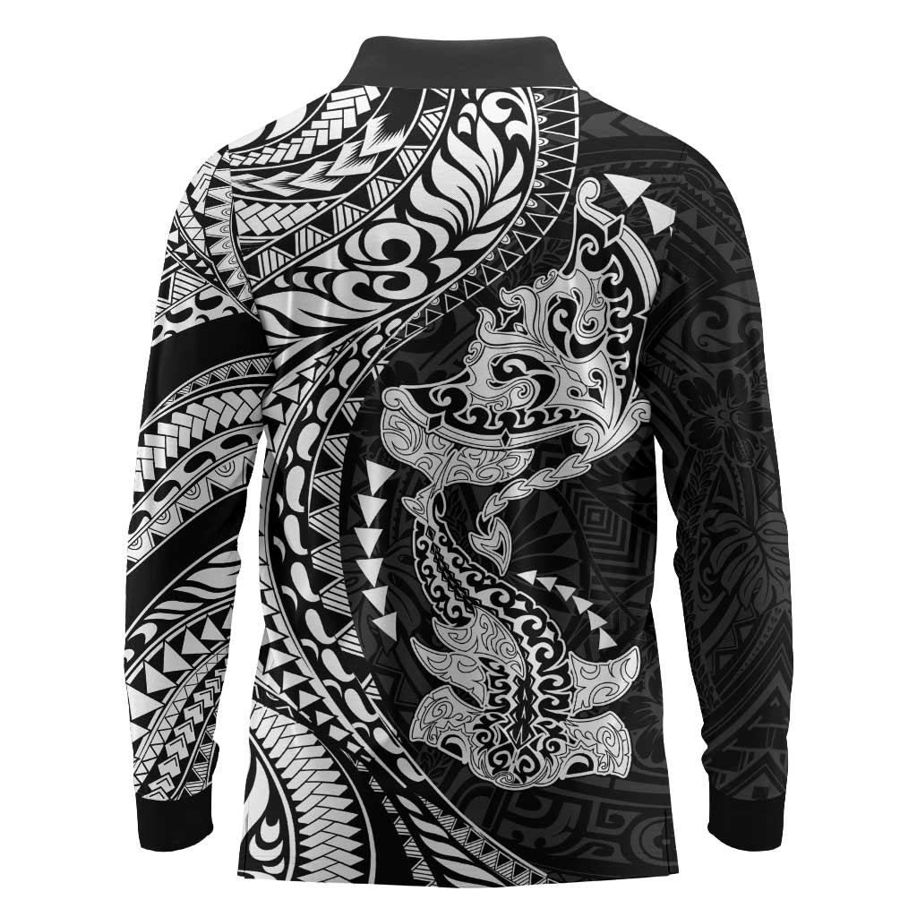 Hawaiian Manta Ray and Hammerhead Shark Tribal Tattoo Long Sleeve Polo Shirt with Polynesian Tribal Pattern Black-White Color