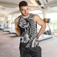 Hawaiian Manta Ray and Hammerhead Shark Tribal Tattoo Men Tank Top with Polynesian Tribal Pattern Black-White Color