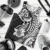 Hawaiian Manta Ray and Hammerhead Shark Tribal Tattoo Men Tank Top with Polynesian Tribal Pattern Black-White Color