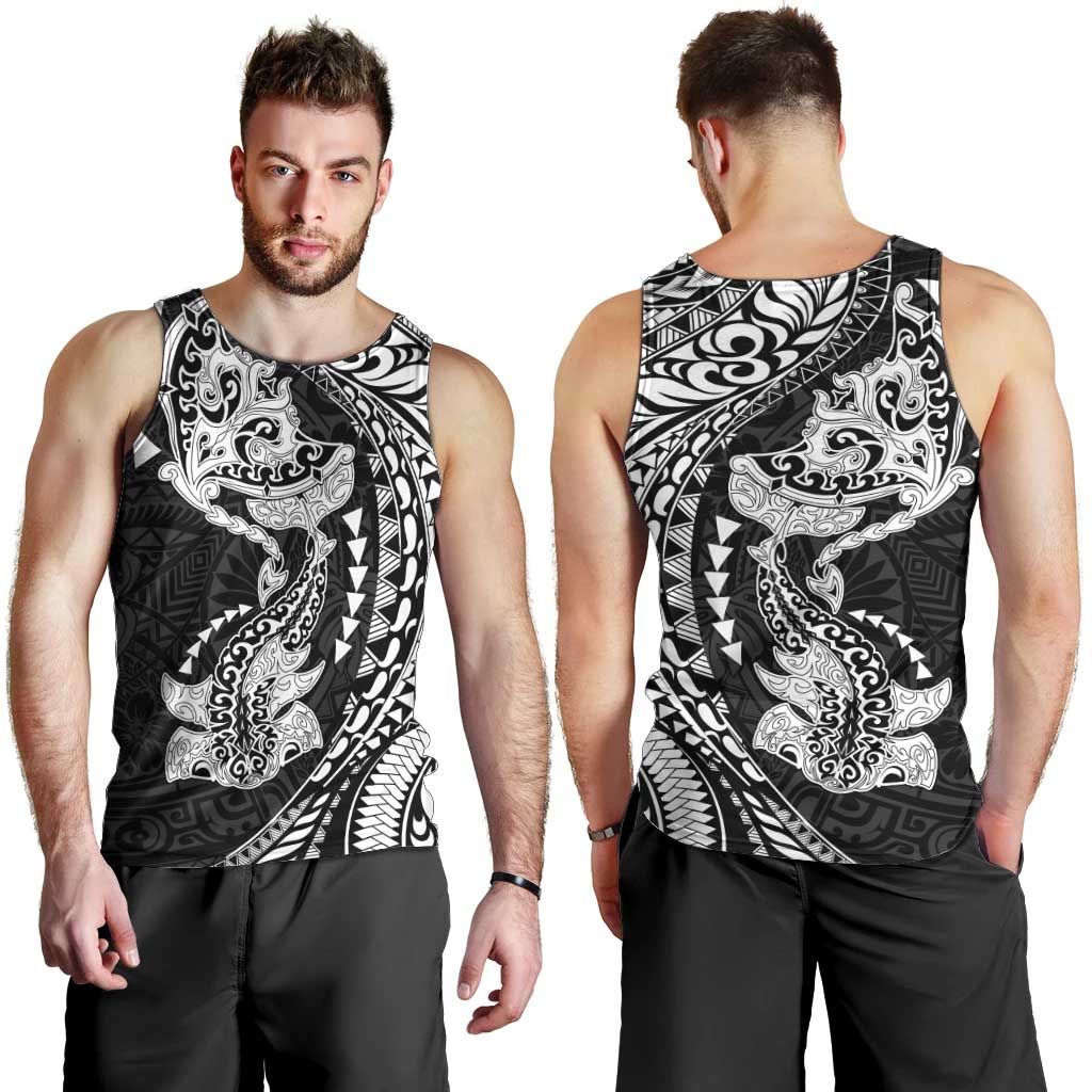 Hawaiian Manta Ray and Hammerhead Shark Tribal Tattoo Men Tank Top with Polynesian Tribal Pattern Black-White Color