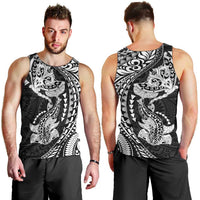 Hawaiian Manta Ray and Hammerhead Shark Tribal Tattoo Men Tank Top with Polynesian Tribal Pattern Black-White Color