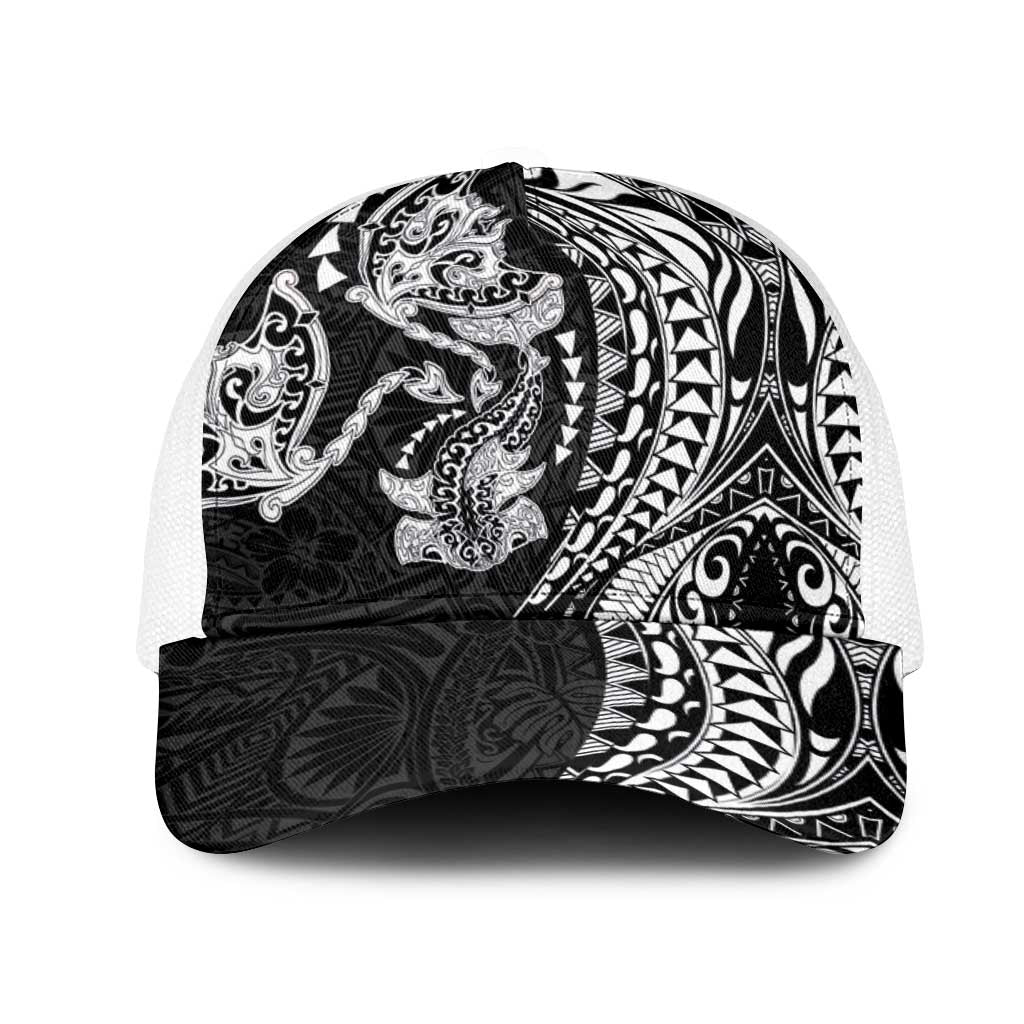 Hawaiian Manta Ray and Hammerhead Shark Tribal Tattoo Mesh Trucker Cap with Polynesian Tribal Pattern Black-White Color LT03 One Size White Multicolor - Polynesian Pride