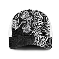 Hawaiian Manta Ray and Hammerhead Shark Tribal Tattoo Mesh Trucker Cap with Polynesian Tribal Pattern Black-White Color LT03 One Size White Multicolor - Polynesian Pride