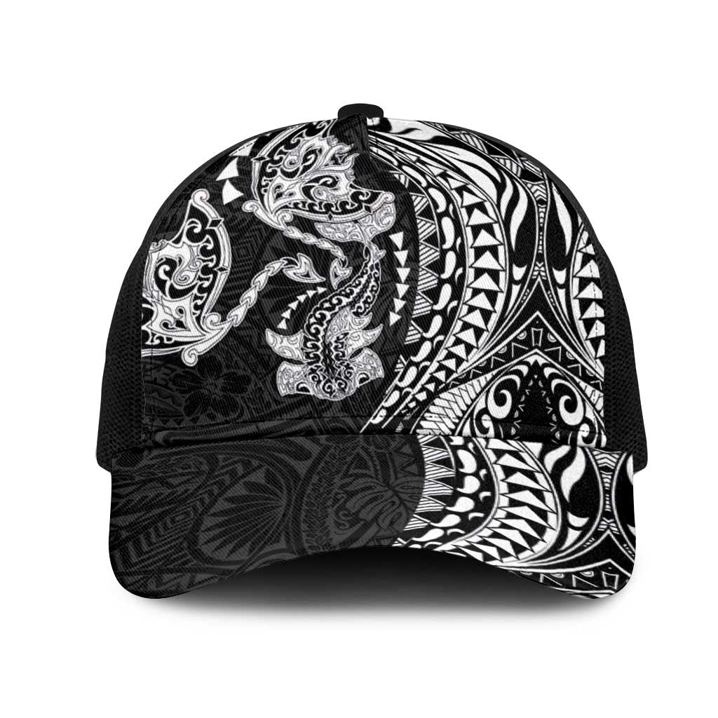 Hawaiian Manta Ray and Hammerhead Shark Tribal Tattoo Mesh Trucker Cap with Polynesian Tribal Pattern Black-White Color LT03 One Size Black Multicolor - Polynesian Pride