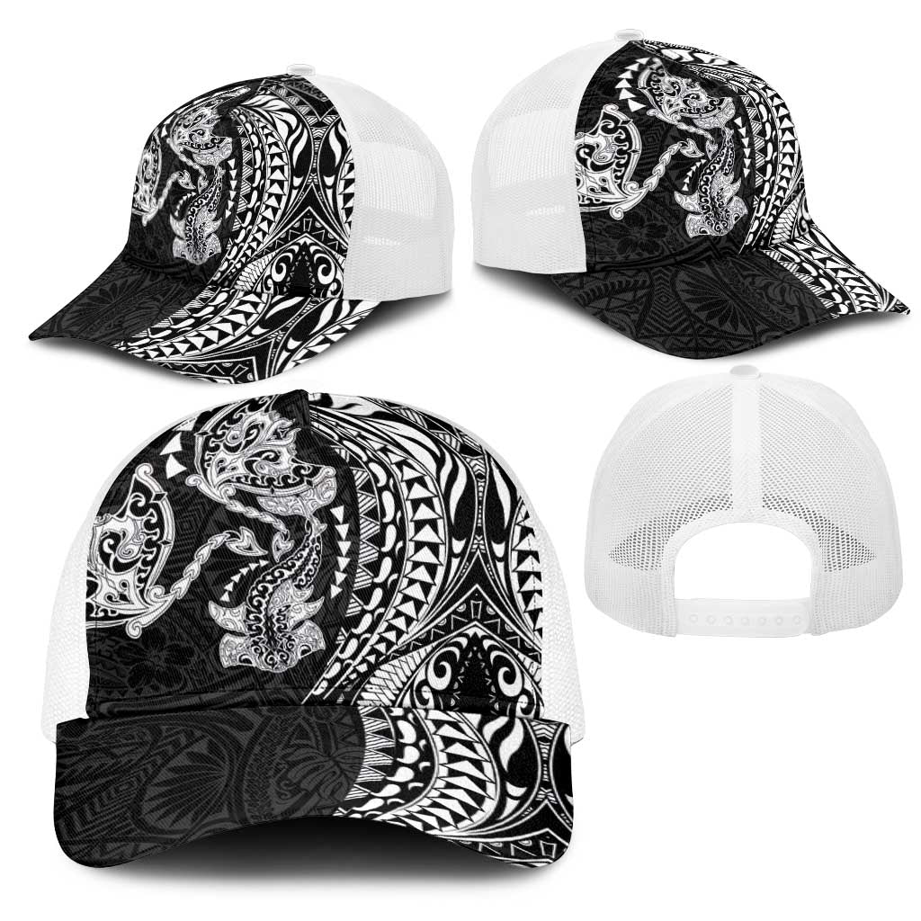 Hawaiian Manta Ray and Hammerhead Shark Tribal Tattoo Mesh Trucker Cap with Polynesian Tribal Pattern Black-White Color LT03 - Polynesian Pride