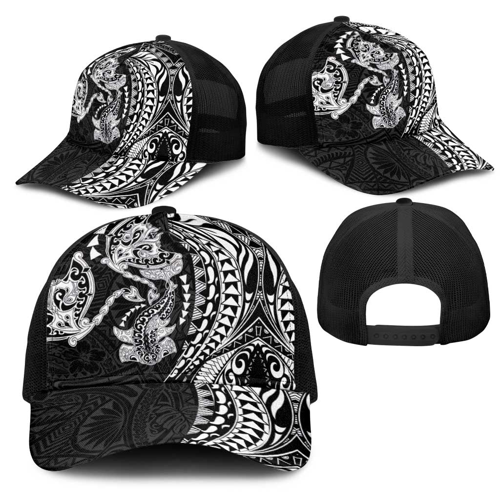 Hawaiian Manta Ray and Hammerhead Shark Tribal Tattoo Mesh Trucker Cap with Polynesian Tribal Pattern Black-White Color LT03 - Polynesian Pride