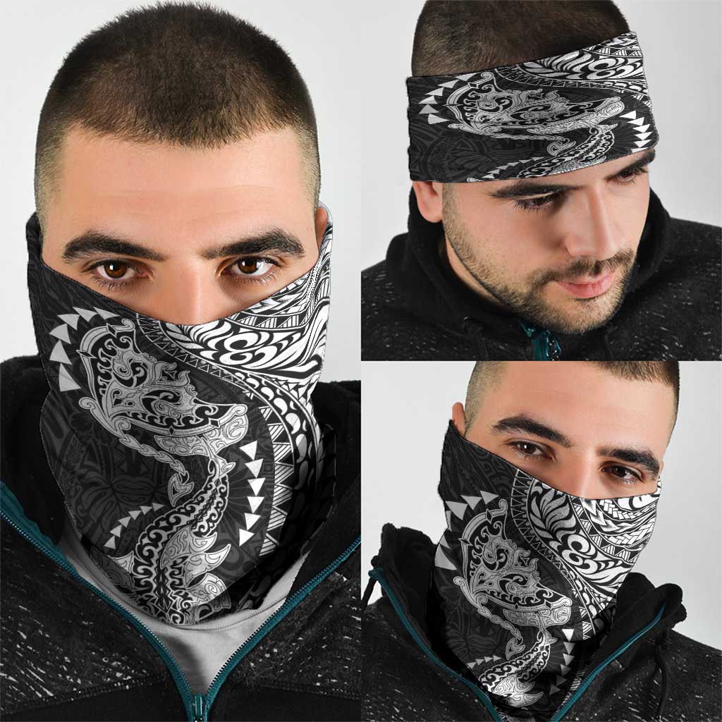 Hawaiian Manta Ray and Hammerhead Shark Tribal Tattoo Neck Gaiter with Polynesian Tribal Pattern Black-White Color