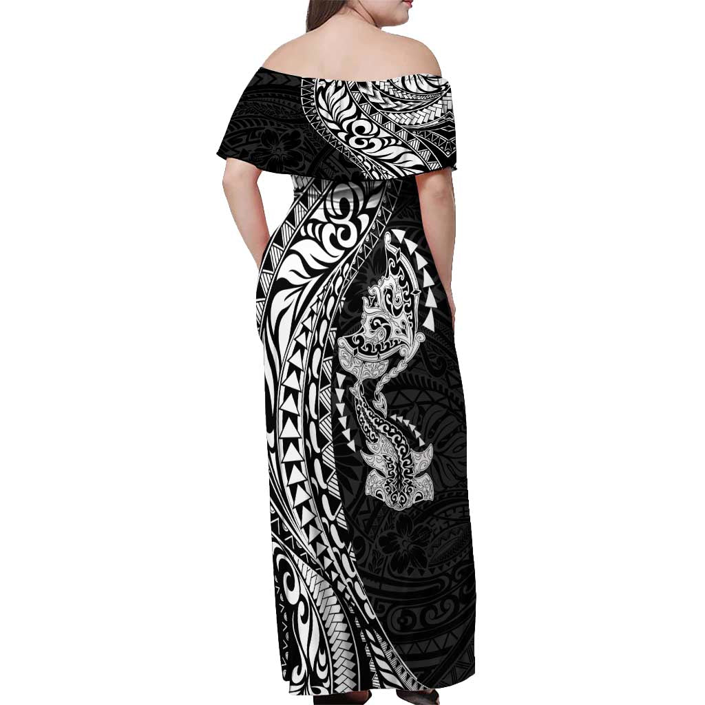 Hawaiian Manta Ray and Hammerhead Shark Tribal Tattoo Off Shoulder Maxi Dress with Polynesian Tribal Pattern Black-White Color