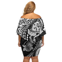 Hawaiian Manta Ray and Hammerhead Shark Tribal Tattoo Off Shoulder Short Dress with Polynesian Tribal Pattern Black-White Color