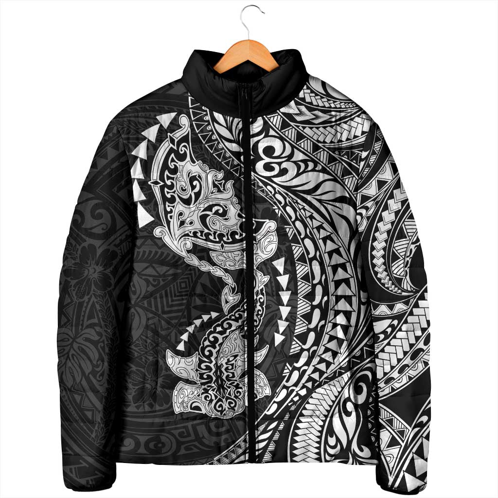 Hawaiian Manta Ray and Hammerhead Shark Tribal Tattoo Padded Jacket with Polynesian Tribal Pattern Black-White Color