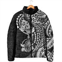 Hawaiian Manta Ray and Hammerhead Shark Tribal Tattoo Padded Jacket with Polynesian Tribal Pattern Black-White Color