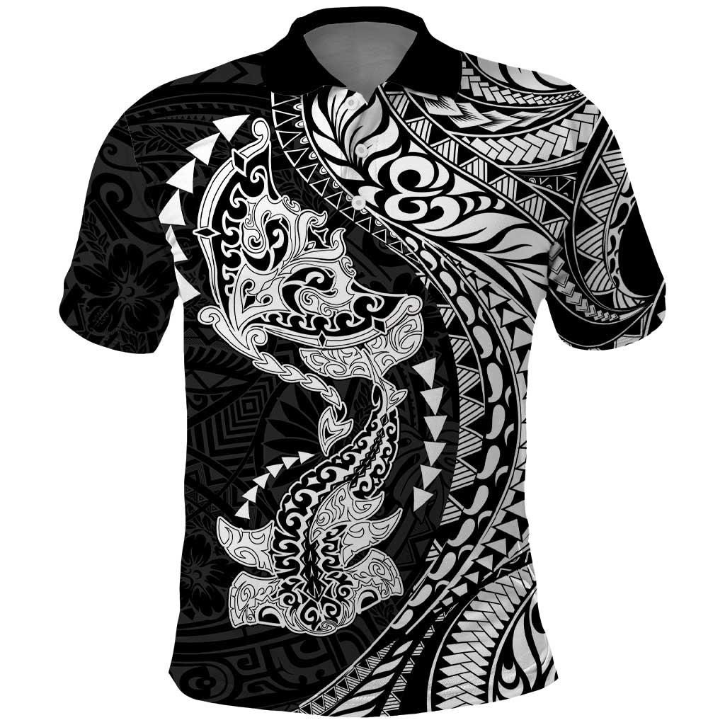 Hawaiian Manta Ray and Hammerhead Shark Tribal Tattoo Polo Shirt with Polynesian Tribal Pattern Black-White Color