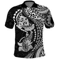 Hawaiian Manta Ray and Hammerhead Shark Tribal Tattoo Polo Shirt with Polynesian Tribal Pattern Black-White Color