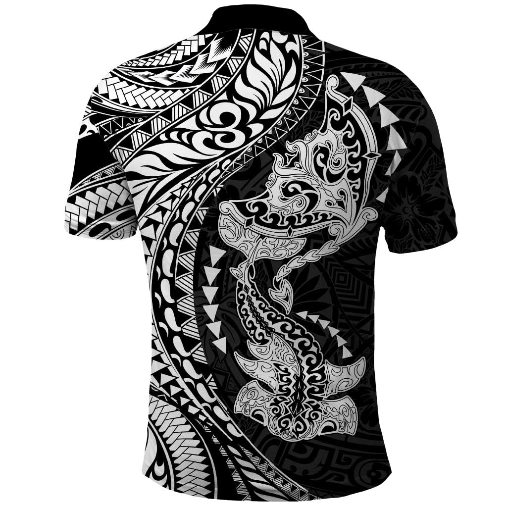 Hawaiian Manta Ray and Hammerhead Shark Tribal Tattoo Polo Shirt with Polynesian Tribal Pattern Black-White Color