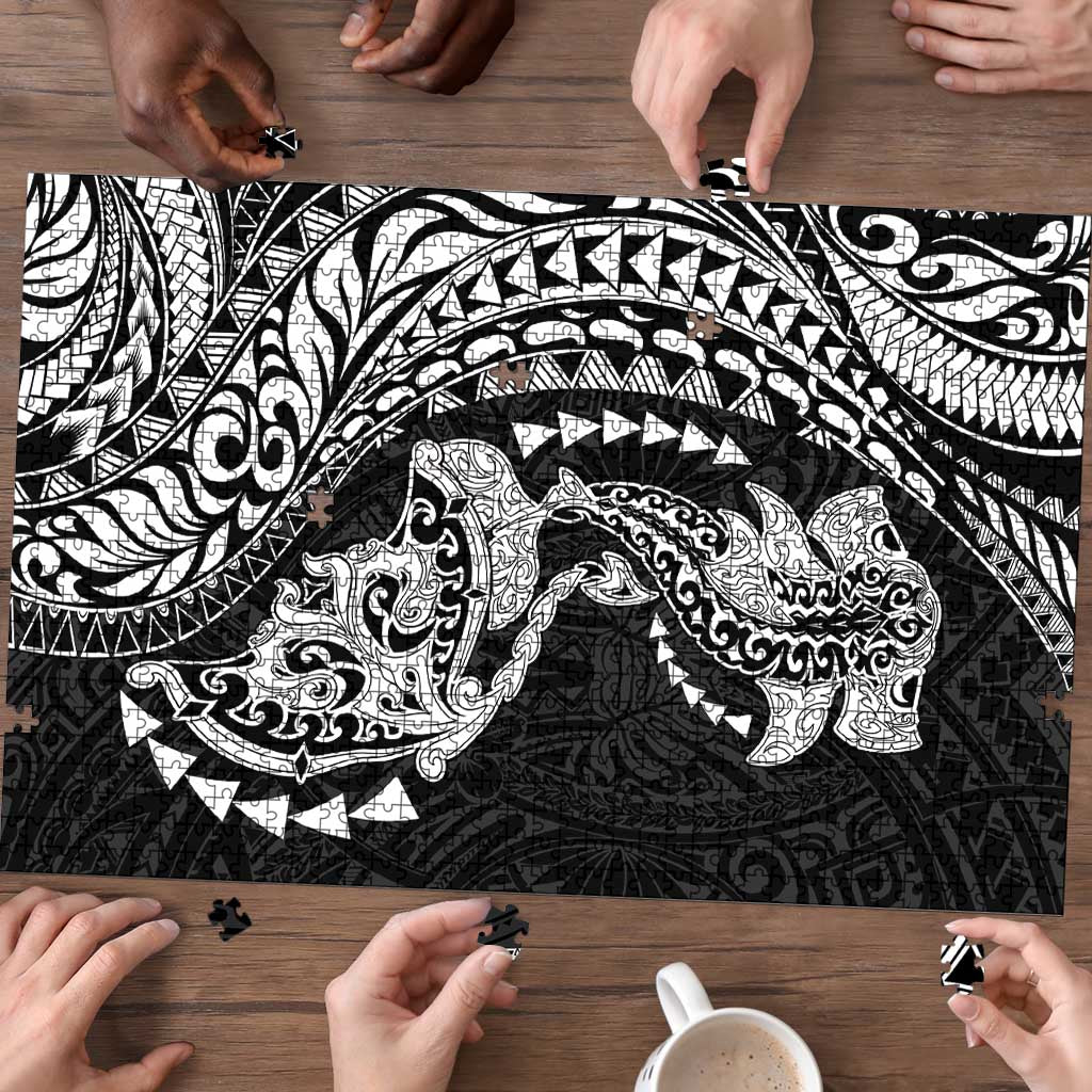 Hawaiian Manta Ray and Hammerhead Shark Tribal Tattoo Puzzle with Polynesian Tribal Pattern Black-White Color LT03 - Polynesian Pride