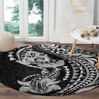 Hawaiian Manta Ray and Hammerhead Shark Tribal Tattoo Round Carpet with Polynesian Tribal Pattern Black-White Color