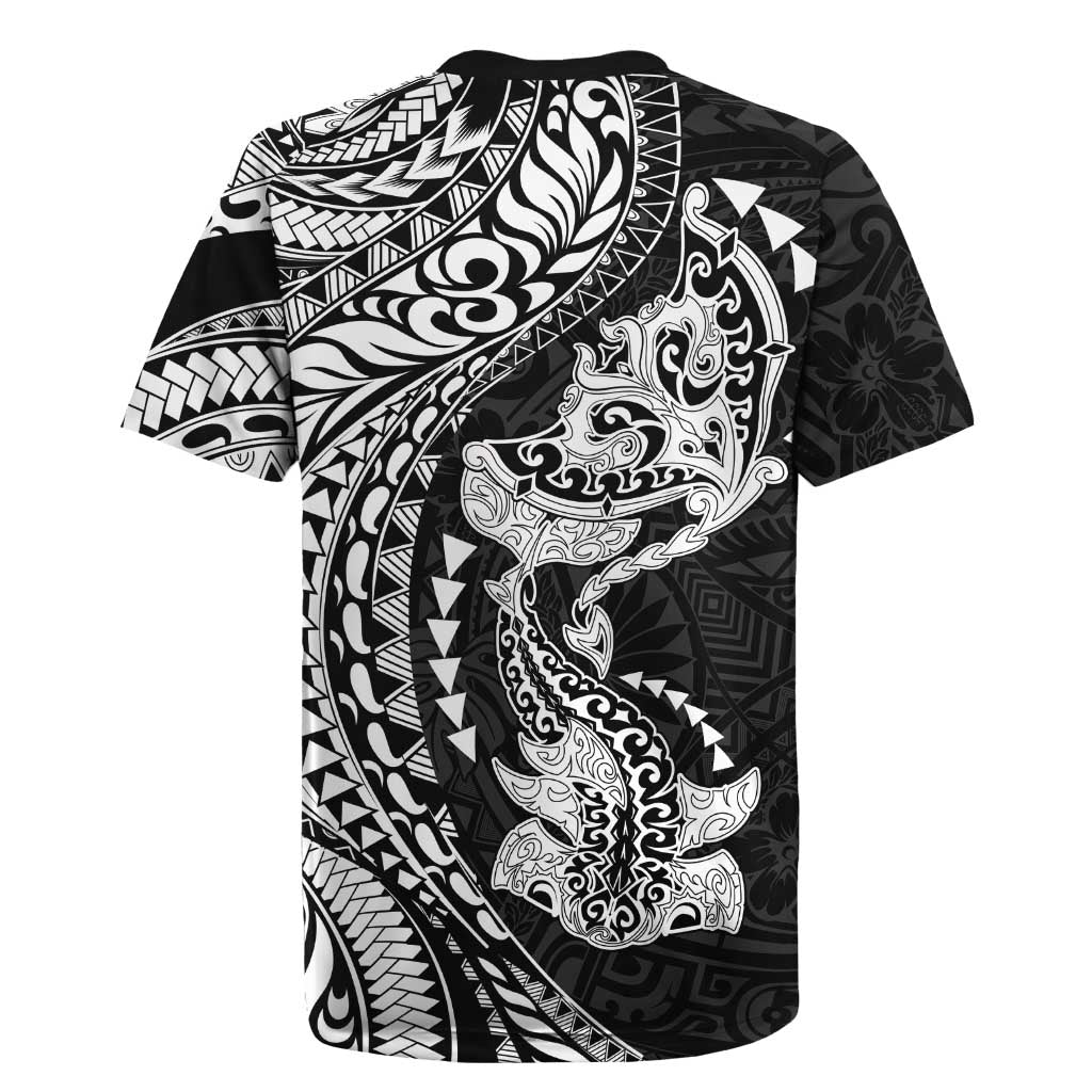 Hawaiian Manta Ray and Hammerhead Shark Tribal Tattoo Rugby Jersey with Polynesian Tribal Pattern Black-White Color