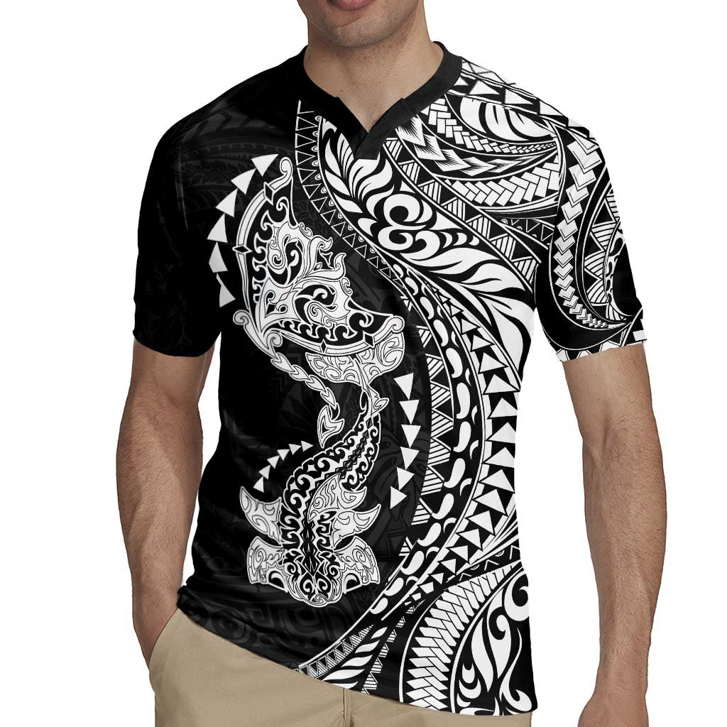 Hawaiian Manta Ray and Hammerhead Shark Tribal Tattoo Rugby Jersey with Polynesian Tribal Pattern Black-White Color