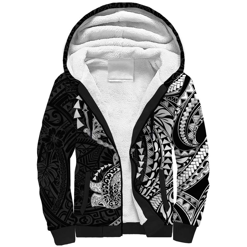Hawaiian Manta Ray and Hammerhead Shark Tribal Tattoo Sherpa Hoodie with Polynesian Tribal Pattern Black-White Color